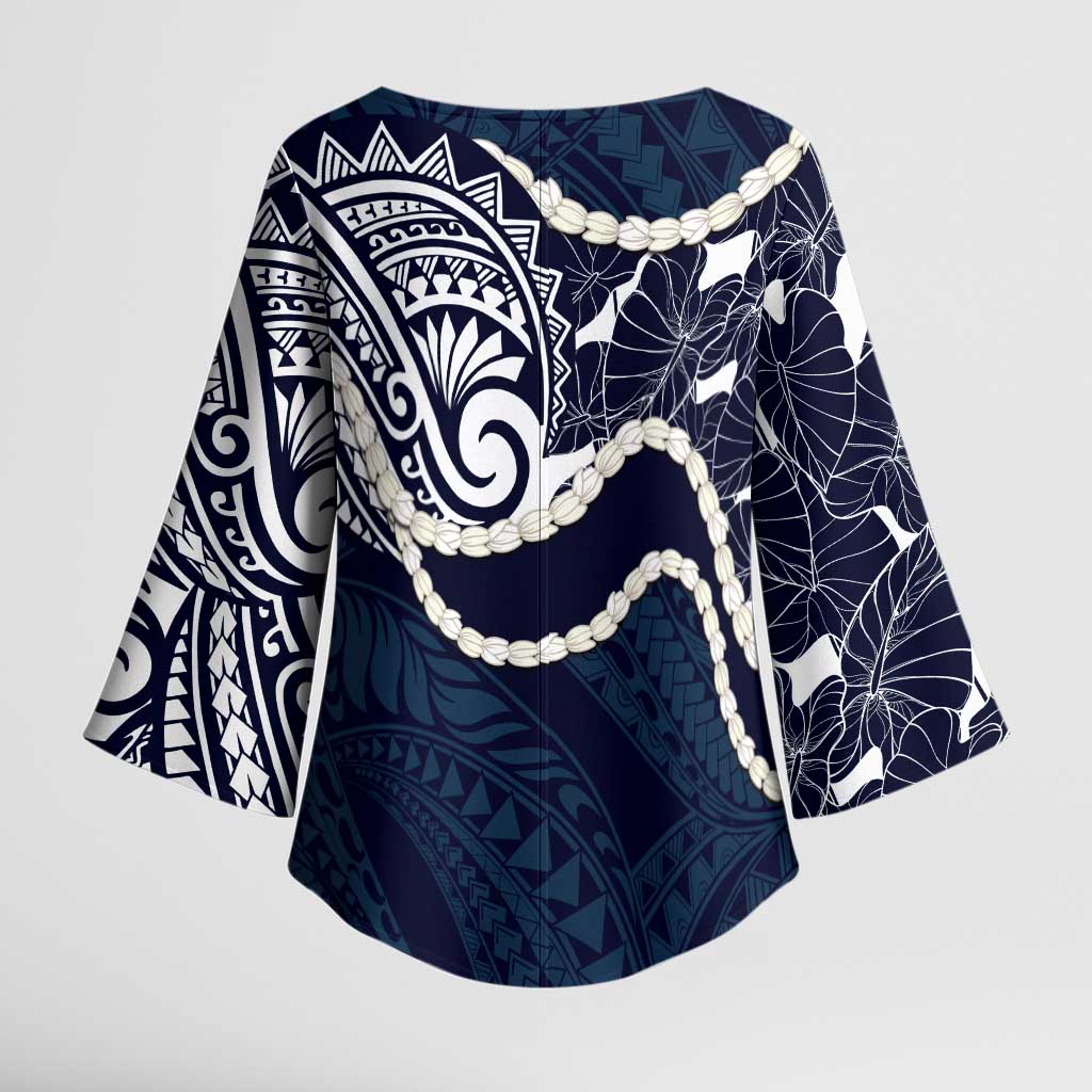 Aloha Hawaii Kalo Pikake Lei Kimono Sleeve Blouse Chest Tattoo Oxford Blue Hawaiian Pattern