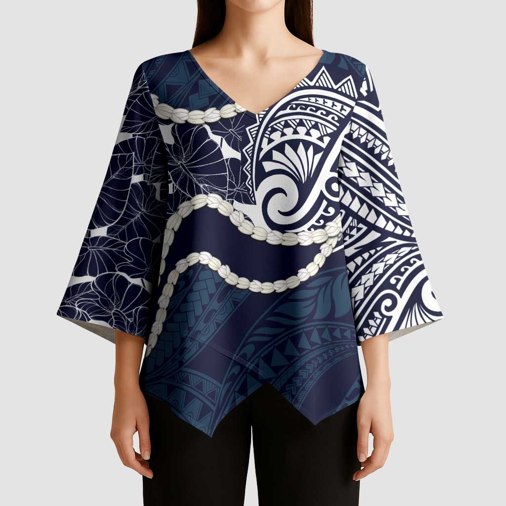 Aloha Hawaii Kalo Pikake Lei Kimono Sleeve Blouse Chest Tattoo Oxford Blue Hawaiian Pattern