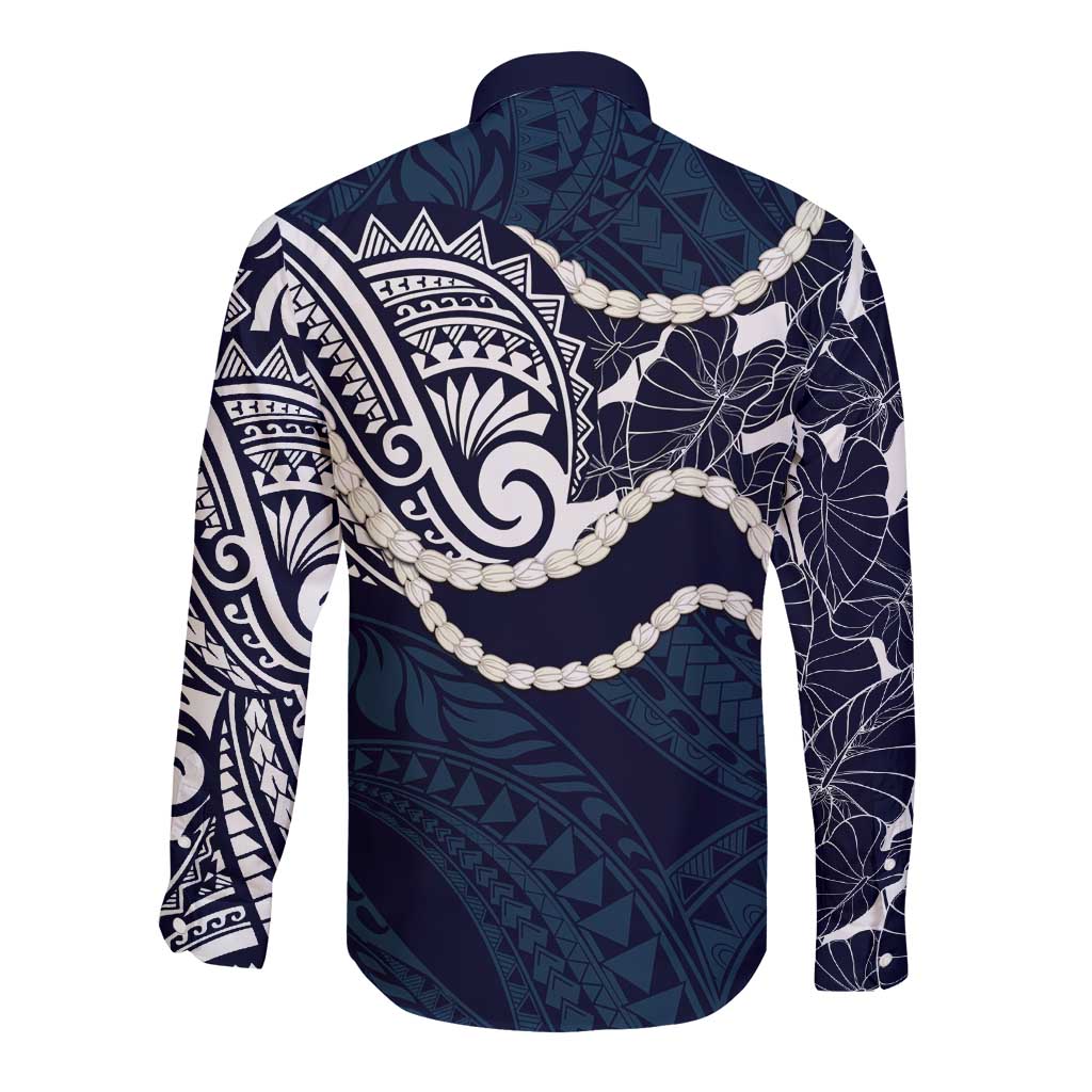 Aloha Hawaii Kalo Pikake Lei Long Sleeve Button Shirt Chest Tattoo Oxford Blue Hawaiian Pattern