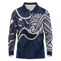 Aloha Hawaii Kalo Pikake Lei Long Sleeve Polo Shirt Chest Tattoo Oxford Blue Hawaiian Pattern