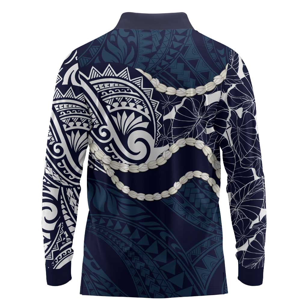Aloha Hawaii Kalo Pikake Lei Long Sleeve Polo Shirt Chest Tattoo Oxford Blue Hawaiian Pattern
