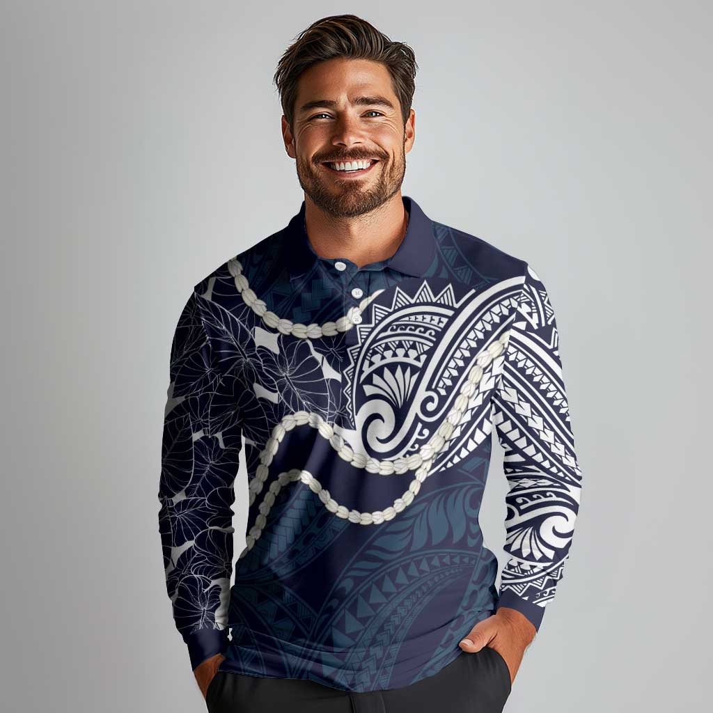 Aloha Hawaii Kalo Pikake Lei Long Sleeve Polo Shirt Chest Tattoo Oxford Blue Hawaiian Pattern