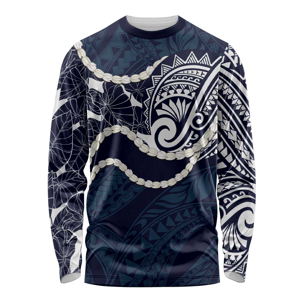 Aloha Hawaii Kalo Pikake Lei Long Sleeve Shirt Chest Tattoo Oxford Blue Hawaiian Pattern