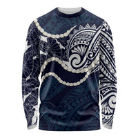 Aloha Hawaii Kalo Pikake Lei Long Sleeve Shirt Chest Tattoo Oxford Blue Hawaiian Pattern