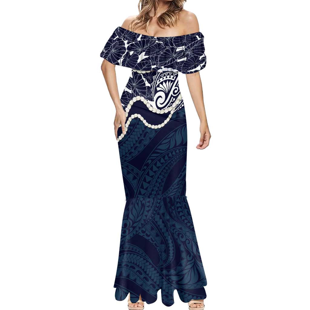 Aloha Hawaii Kalo Pikake Lei Mermaid Dress Chest Tattoo Oxford Blue Hawaiian Pattern