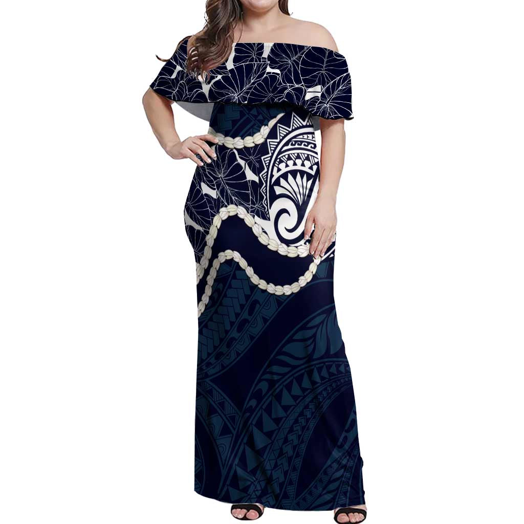 Aloha Hawaii Kalo Pikake Lei Off Shoulder Maxi Dress Chest Tattoo Oxford Blue Hawaiian Pattern