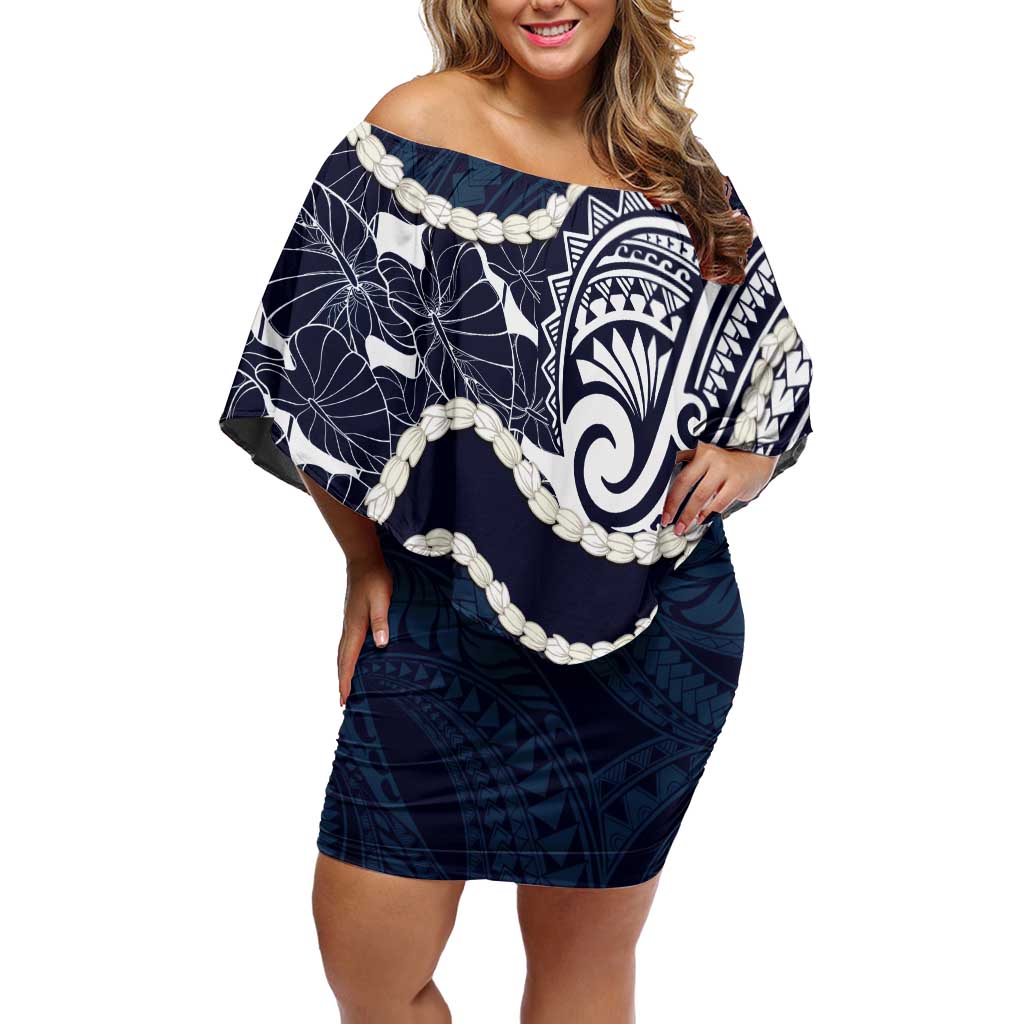Aloha Hawaii Kalo Pikake Lei Off Shoulder Short Dress Chest Tattoo Oxford Blue Hawaiian Pattern LT14 Women Oxford Blue - Polynesian Pride