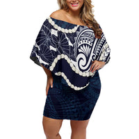 Aloha Hawaii Kalo Pikake Lei Off Shoulder Short Dress Chest Tattoo Oxford Blue Hawaiian Pattern LT14 Women Oxford Blue - Polynesian Pride