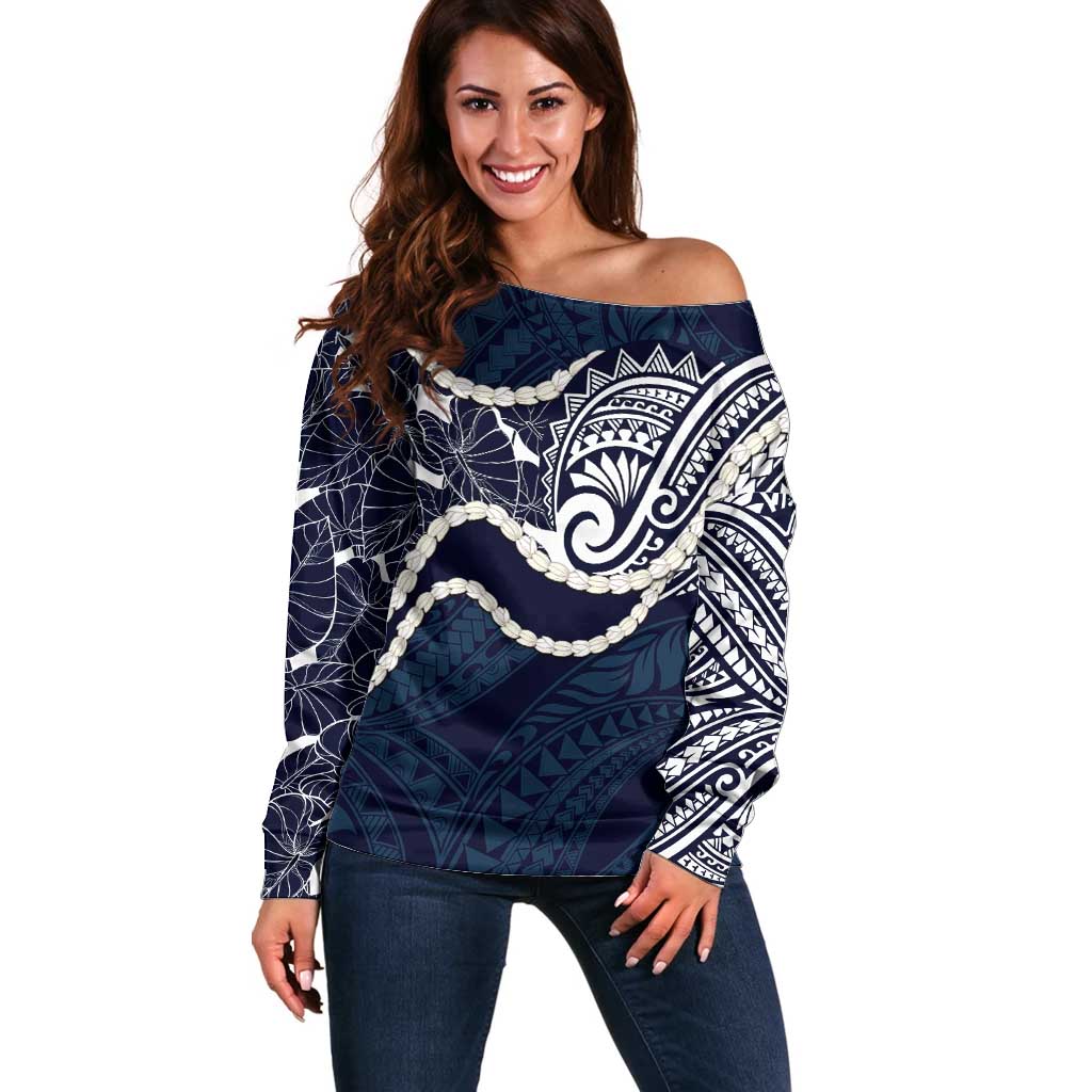 Aloha Hawaii Kalo Pikake Lei Off Shoulder Sweater Chest Tattoo Oxford Blue Hawaiian Pattern