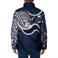 Aloha Hawaii Kalo Pikake Lei Padded Jacket Chest Tattoo Oxford Blue Hawaiian Pattern