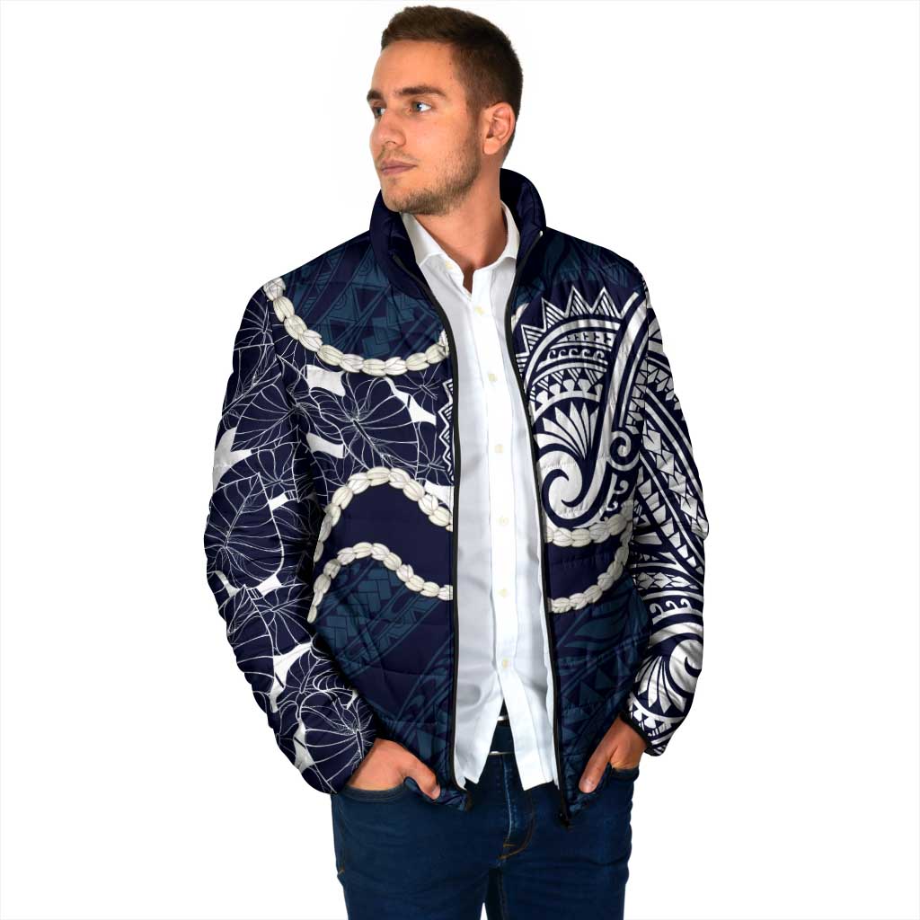 Aloha Hawaii Kalo Pikake Lei Padded Jacket Chest Tattoo Oxford Blue Hawaiian Pattern