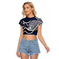 Aloha Hawaii Kalo Pikake Lei Raglan Cropped T Shirt Chest Tattoo Oxford Blue Hawaiian Pattern