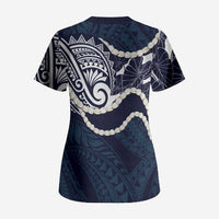 Aloha Hawaii Kalo Pikake Lei Scrub Top Chest Tattoo Oxford Blue Hawaiian Pattern