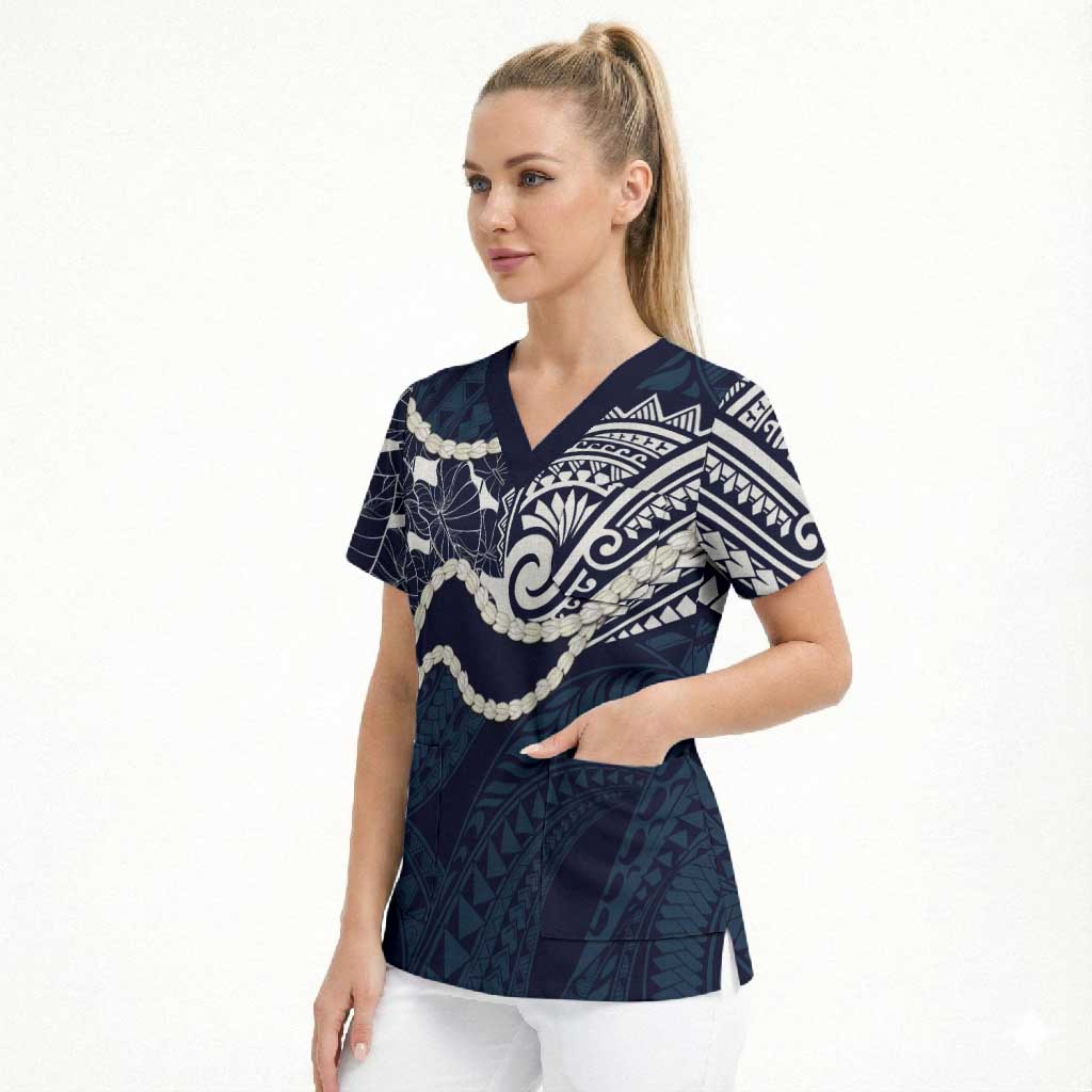 Aloha Hawaii Kalo Pikake Lei Scrub Top Chest Tattoo Oxford Blue Hawaiian Pattern