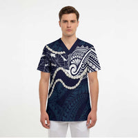 Aloha Hawaii Kalo Pikake Lei Scrub Top Chest Tattoo Oxford Blue Hawaiian Pattern