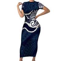 Aloha Hawaii Kalo Pikake Lei Short Sleeve Bodycon Dress Chest Tattoo Oxford Blue Hawaiian Pattern