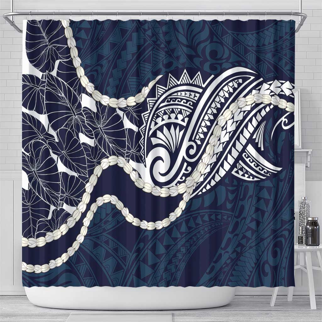 Aloha Hawaii Kalo Pikake Lei Shower Curtain Chest Tattoo Oxford Blue Hawaiian Pattern LT14 - Polynesian Pride