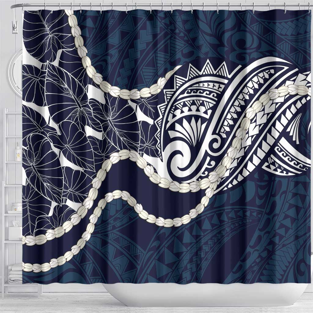 Aloha Hawaii Kalo Pikake Lei Shower Curtain Chest Tattoo Oxford Blue Hawaiian Pattern LT14 - Polynesian Pride