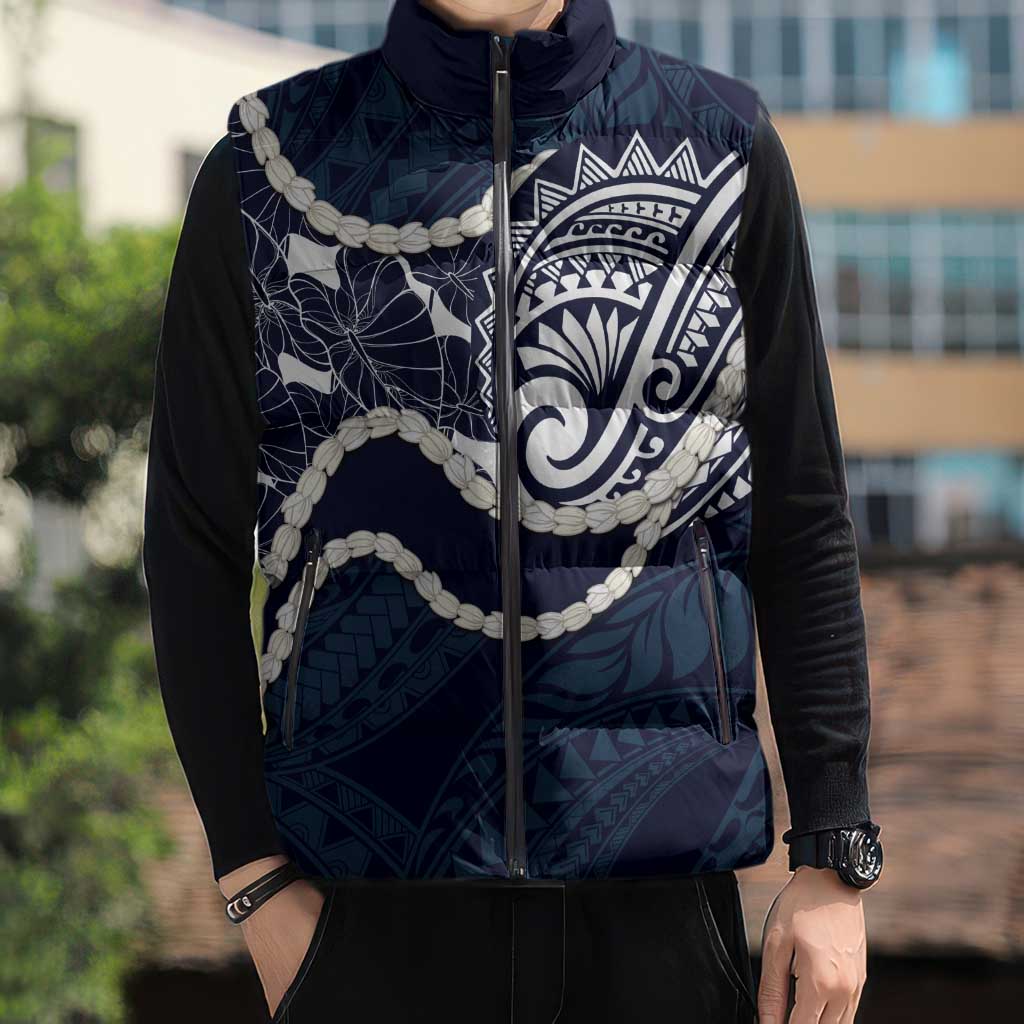 Aloha Hawaii Kalo Pikake Lei Sleeveless Puffer Jacket Chest Tattoo Oxford Blue Hawaiian Pattern