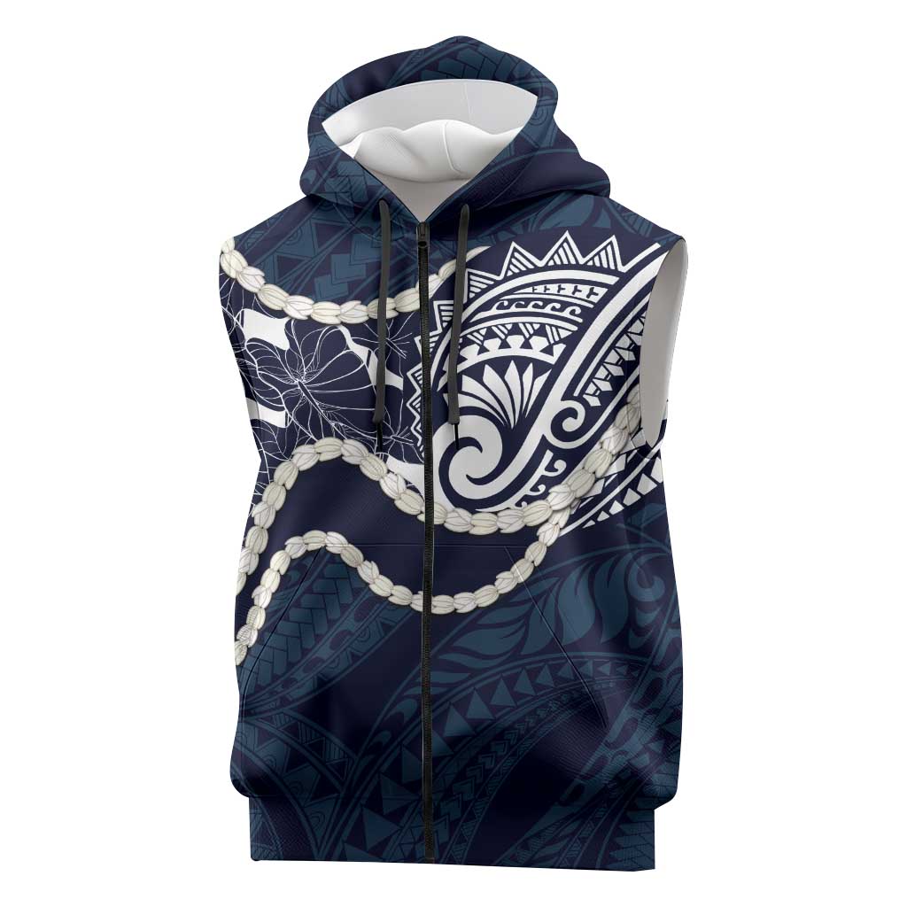 Aloha Hawaii Kalo Pikake Lei Sleeveless Zip Hoodie Chest Tattoo Oxford Blue Hawaiian Pattern