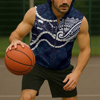 Aloha Hawaii Kalo Pikake Lei Sleeveless Zip Hoodie Chest Tattoo Oxford Blue Hawaiian Pattern