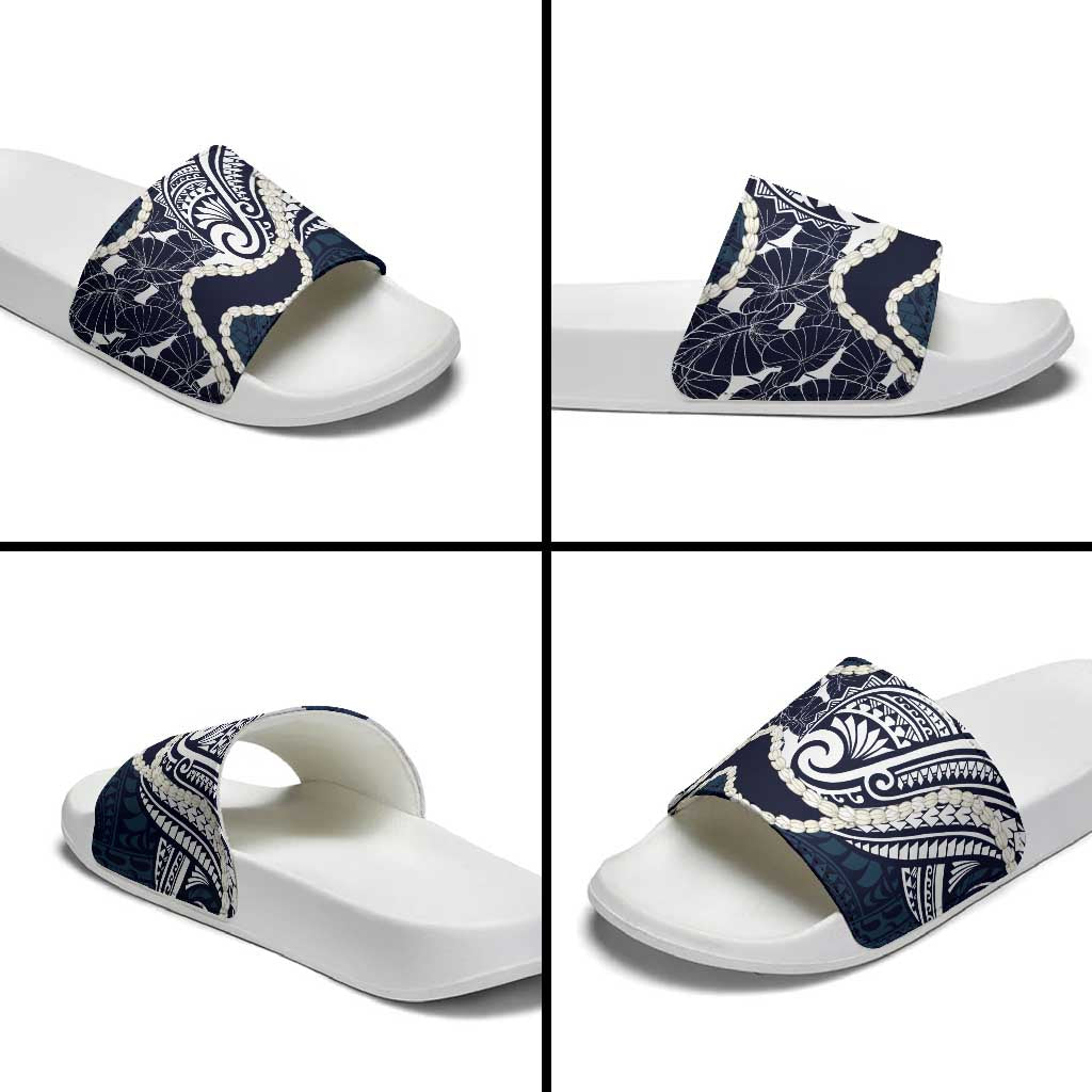 Aloha Hawaii Kalo Pikake Lei Slide Sandals Chest Tattoo Oxford Blue Hawaiian Pattern