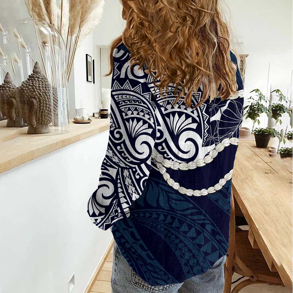 Aloha Hawaii Kalo Pikake Lei Women Casual Shirt Chest Tattoo Oxford Blue Hawaiian Pattern LT14 - Polynesian Pride