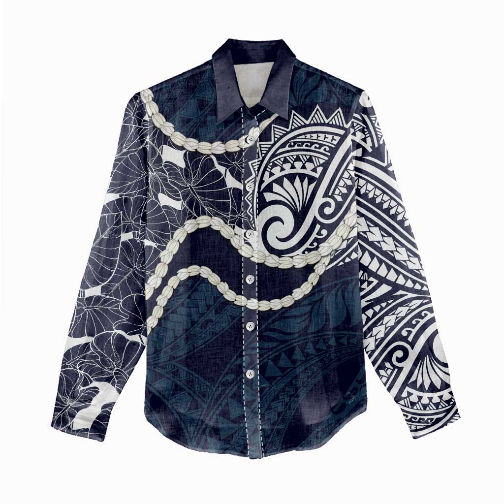 Aloha Hawaii Kalo Pikake Lei Women Casual Shirt Chest Tattoo Oxford Blue Hawaiian Pattern LT14 - Polynesian Pride