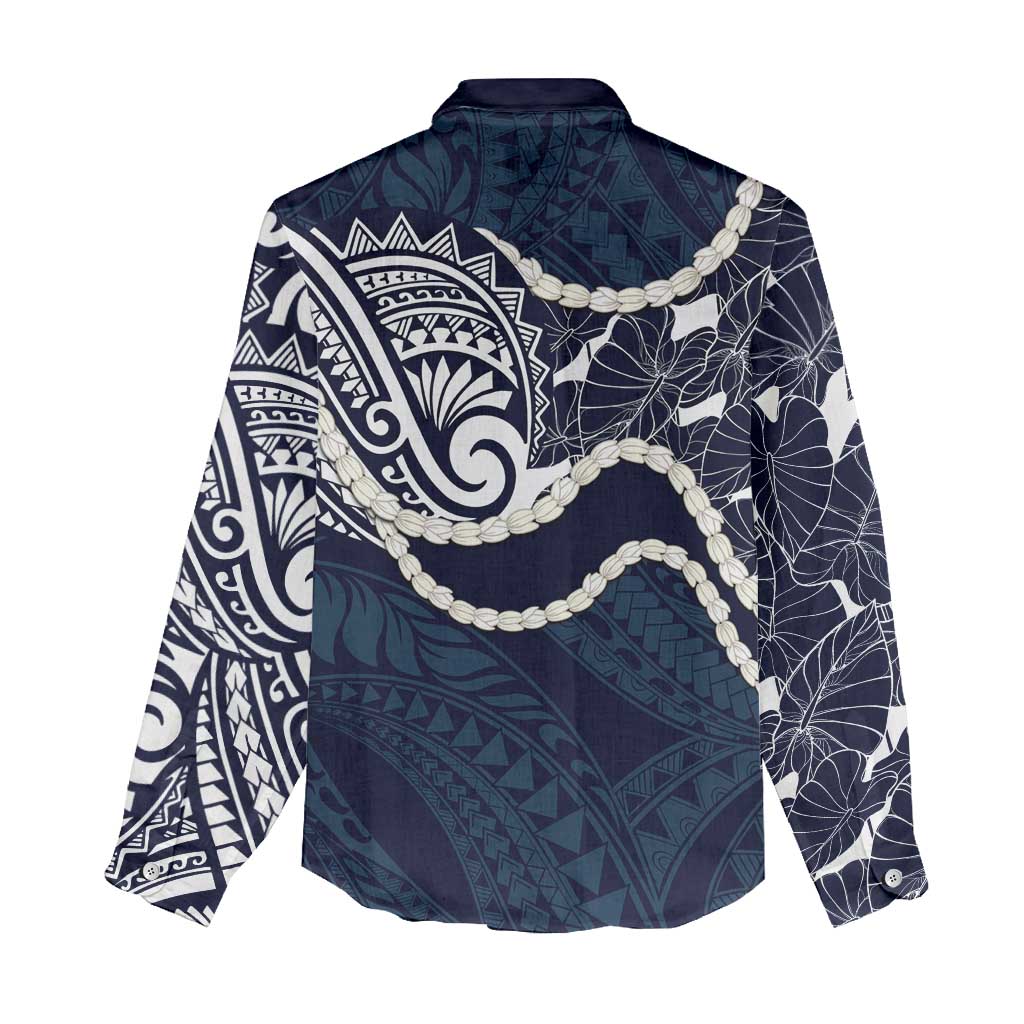 Aloha Hawaii Kalo Pikake Lei Women Casual Shirt Chest Tattoo Oxford Blue Hawaiian Pattern LT14 - Polynesian Pride