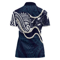 Aloha Hawaii Kalo Pikake Lei Women Polo Shirt Chest Tattoo Oxford Blue Hawaiian Pattern