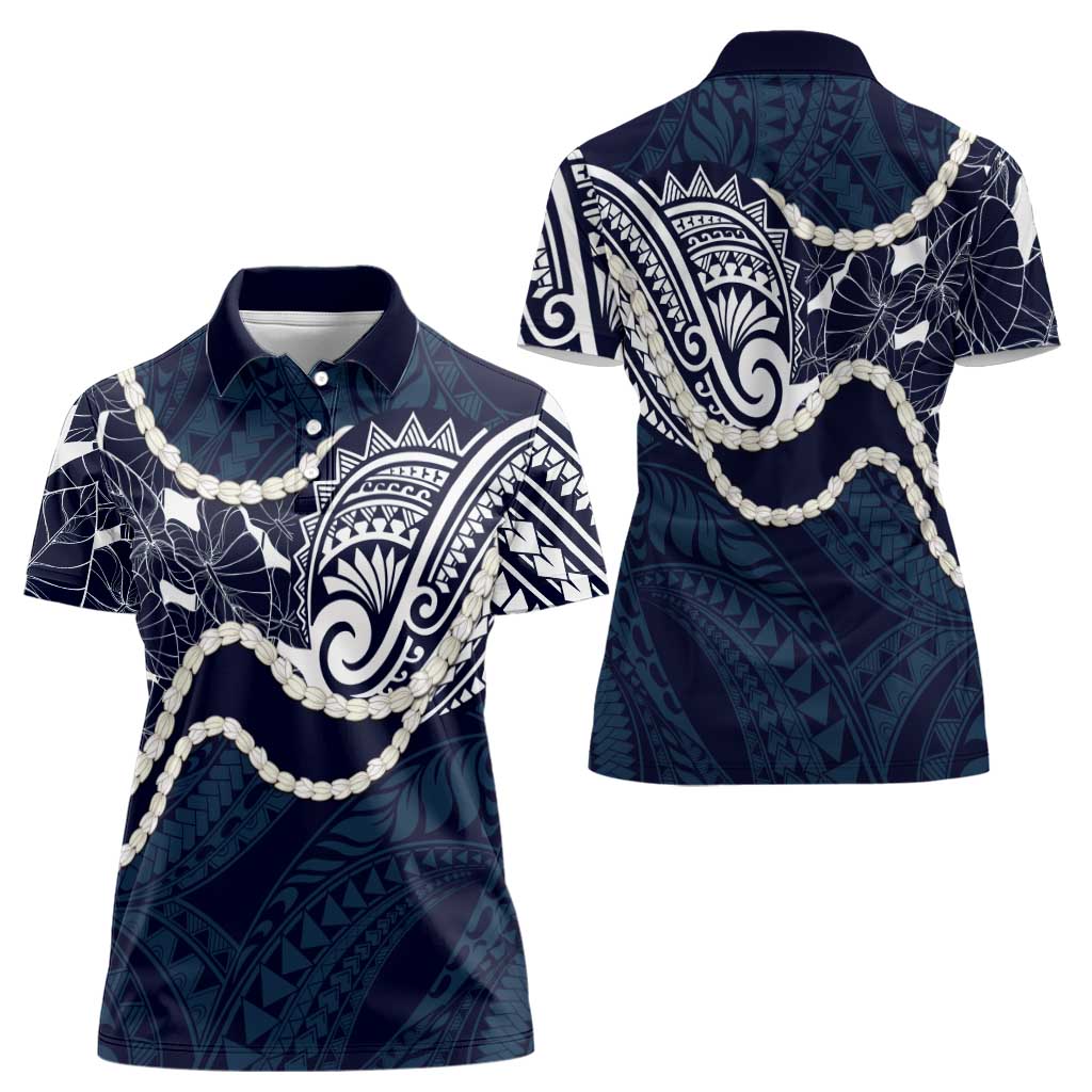 Aloha Hawaii Kalo Pikake Lei Women Polo Shirt Chest Tattoo Oxford Blue Hawaiian Pattern