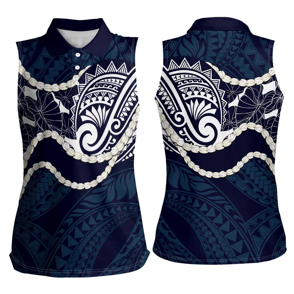 Aloha Hawaii Kalo Pikake Lei Women Sleeveless Polo Shirt Chest Tattoo Oxford Blue Hawaiian Pattern