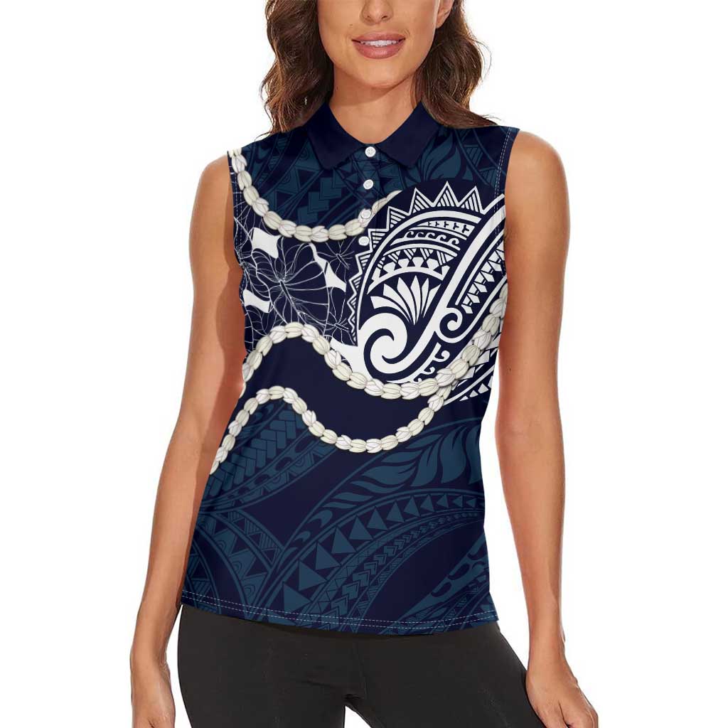 Aloha Hawaii Kalo Pikake Lei Women Sleeveless Polo Shirt Chest Tattoo Oxford Blue Hawaiian Pattern