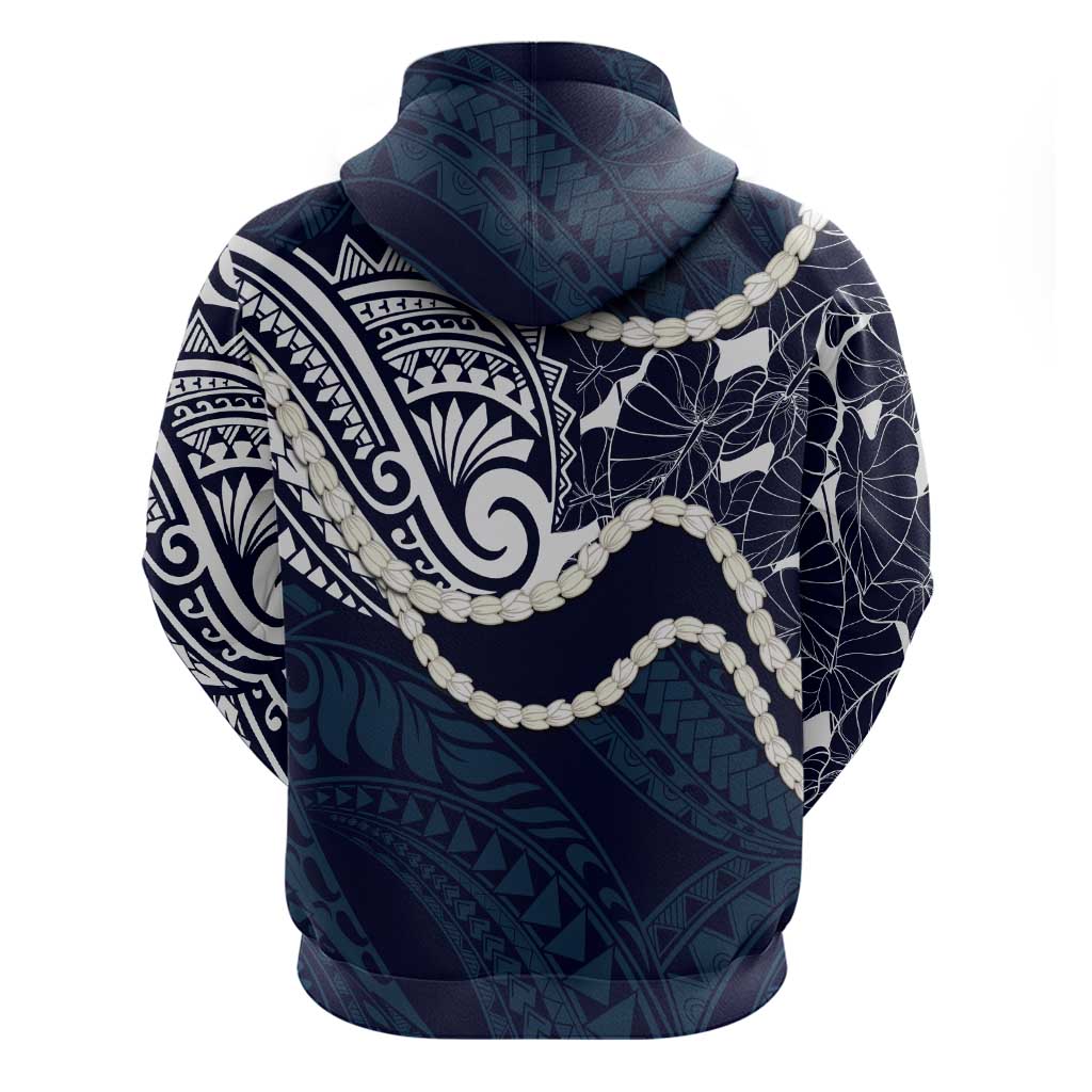 Aloha Hawaii Kalo Pikake Lei Zip Hoodie Chest Tattoo Oxford Blue Hawaiian Pattern