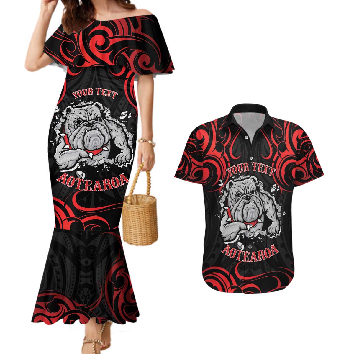 Personalised Aotearoa Bulldog Couples Matching Mermaid Dress and Hawaiian Shirt NZ Maori Tattoo