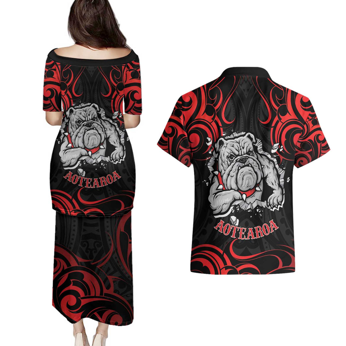 Personalised Aotearoa Bulldog Couples Matching Puletasi and Hawaiian Shirt NZ Maori Tattoo
