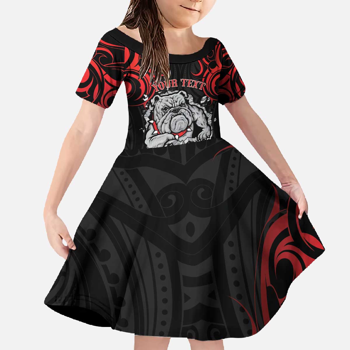 Personalised Aotearoa Bulldog Family Matching Off The Shoulder Long Sleeve Dress and Hawaiian Shirt NZ Maori Tattoo