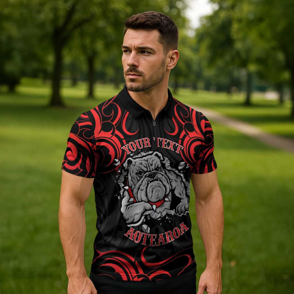 Aotearoa Bulldog Zipper Polo Shirt NZ Maori Tattoo - Polynesian Pride
