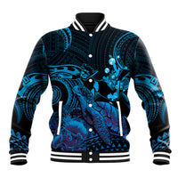 Blue Aloha Hawaii Baseball Jacket Snorkeling With Sea Turtle Polynesian Pattern