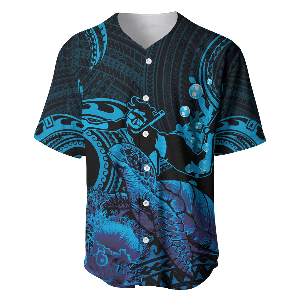 Blue Aloha Hawaii Baseball Jersey Snorkeling With Sea Turtle Polynesian Pattern