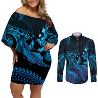 Blue Aloha Hawaii Couples Matching Off Shoulder Short Dress and Long Sleeve Button Shirt Snorkeling With Sea Turtle Polynesian Pattern