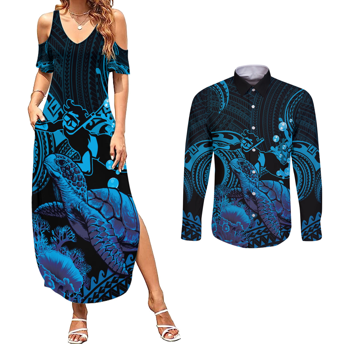 Blue Aloha Hawaii Couples Matching Summer Maxi Dress and Long Sleeve Button Shirt Snorkeling With Sea Turtle Polynesian Pattern