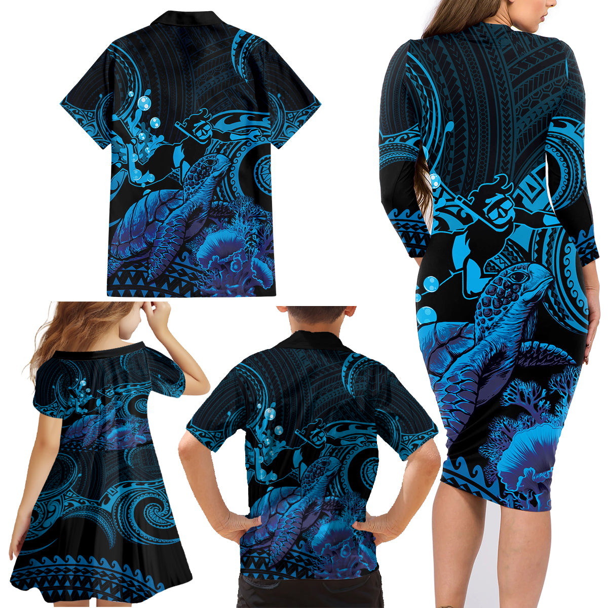 Blue Aloha Hawaii Family Matching Long Sleeve Bodycon Dress and Hawaiian Shirt Snorkeling With Sea Turtle Polynesian Pattern