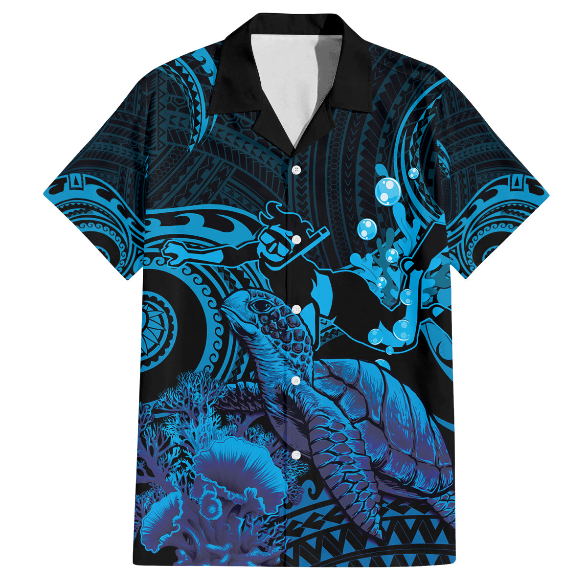 Blue Aloha Hawaii Family Matching Off The Shoulder Long Sleeve Dress and Hawaiian Shirt Snorkeling With Sea Turtle Polynesian Pattern