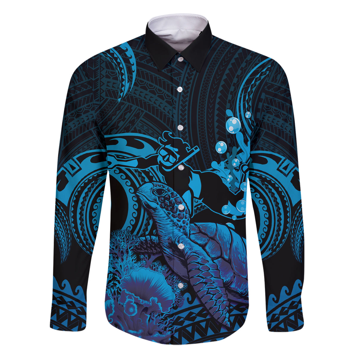Blue Aloha Hawaii Family Matching Off The Shoulder Long Sleeve Dress and Hawaiian Shirt Snorkeling With Sea Turtle Polynesian Pattern