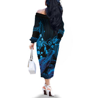 Blue Aloha Hawaii Family Matching Off The Shoulder Long Sleeve Dress and Hawaiian Shirt Snorkeling With Sea Turtle Polynesian Pattern