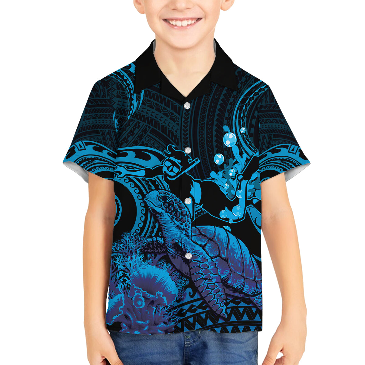 Blue Aloha Hawaii Family Matching Off The Shoulder Long Sleeve Dress and Hawaiian Shirt Snorkeling With Sea Turtle Polynesian Pattern