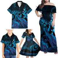 Blue Aloha Hawaii Family Matching Off Shoulder Maxi Dress and Hawaiian Shirt Snorkeling With Sea Turtle Polynesian Pattern