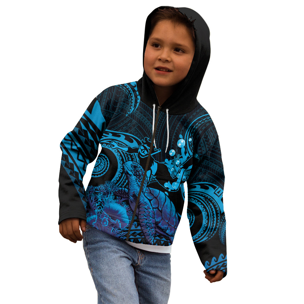 Blue Aloha Hawaii Kid Hoodie Snorkeling With Sea Turtle Polynesian Pattern
