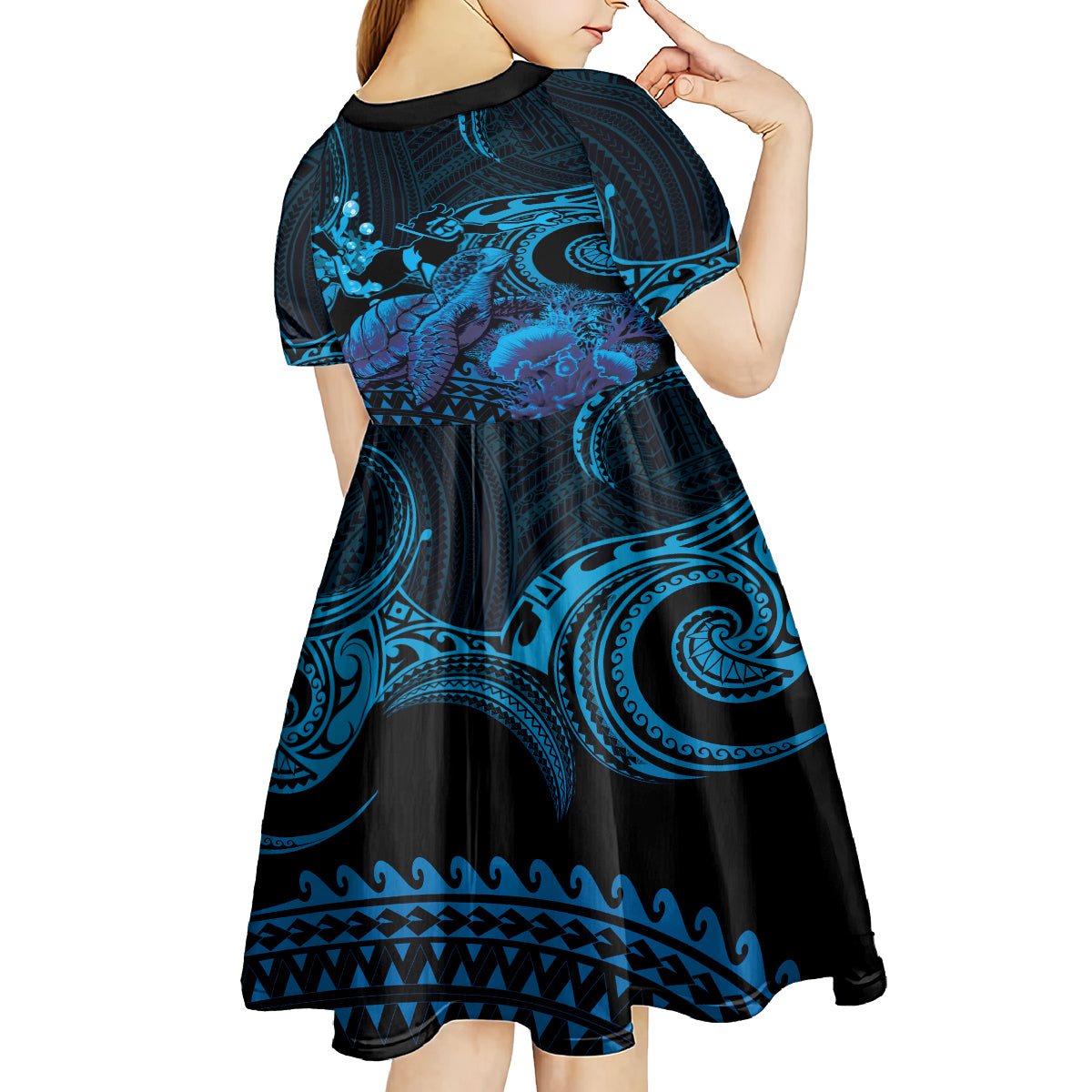 Blue Aloha Hawaii Kid Short Sleeve Dress Snorkeling With Sea Turtle Polynesian Pattern